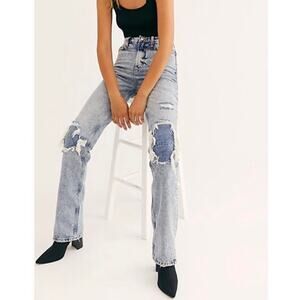 Free People High Rise Distressed Blue Acid Wash Style Jeans 31